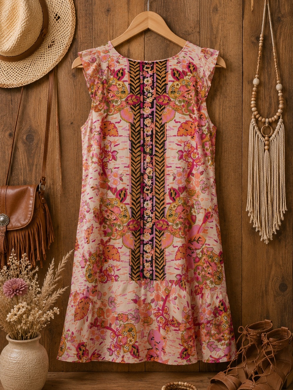 Free People Large 55% Linen Boho Floral Mini Dress | Open Back | Ruffle Hem